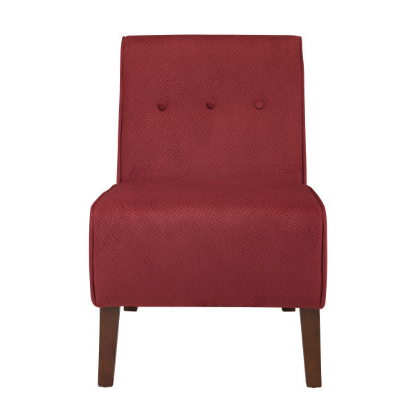 Front view grey damask pattern upholstered armless chair black wooden legs on white background