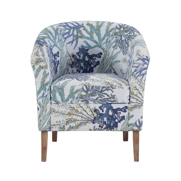 Front view armchair fabric blue ocean coral pattern wooden legs white background