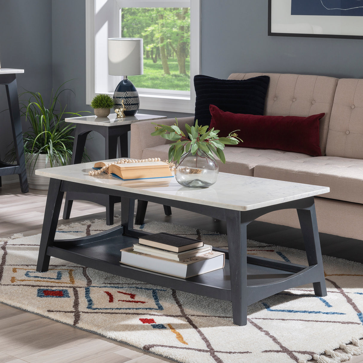 Quincey Dark Grey Marble And Wood Coffee Table