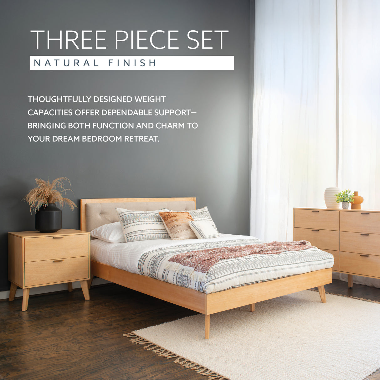 Hudson Mid Century 3PC Bedroom Set Natural Queen