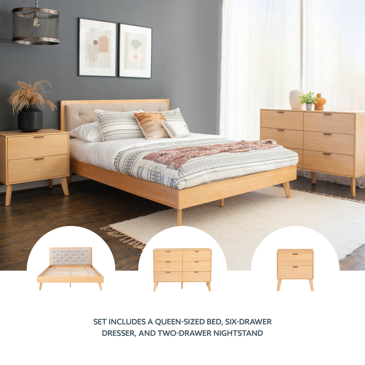 Hudson Mid Century 3PC Bedroom Set Natural Queen