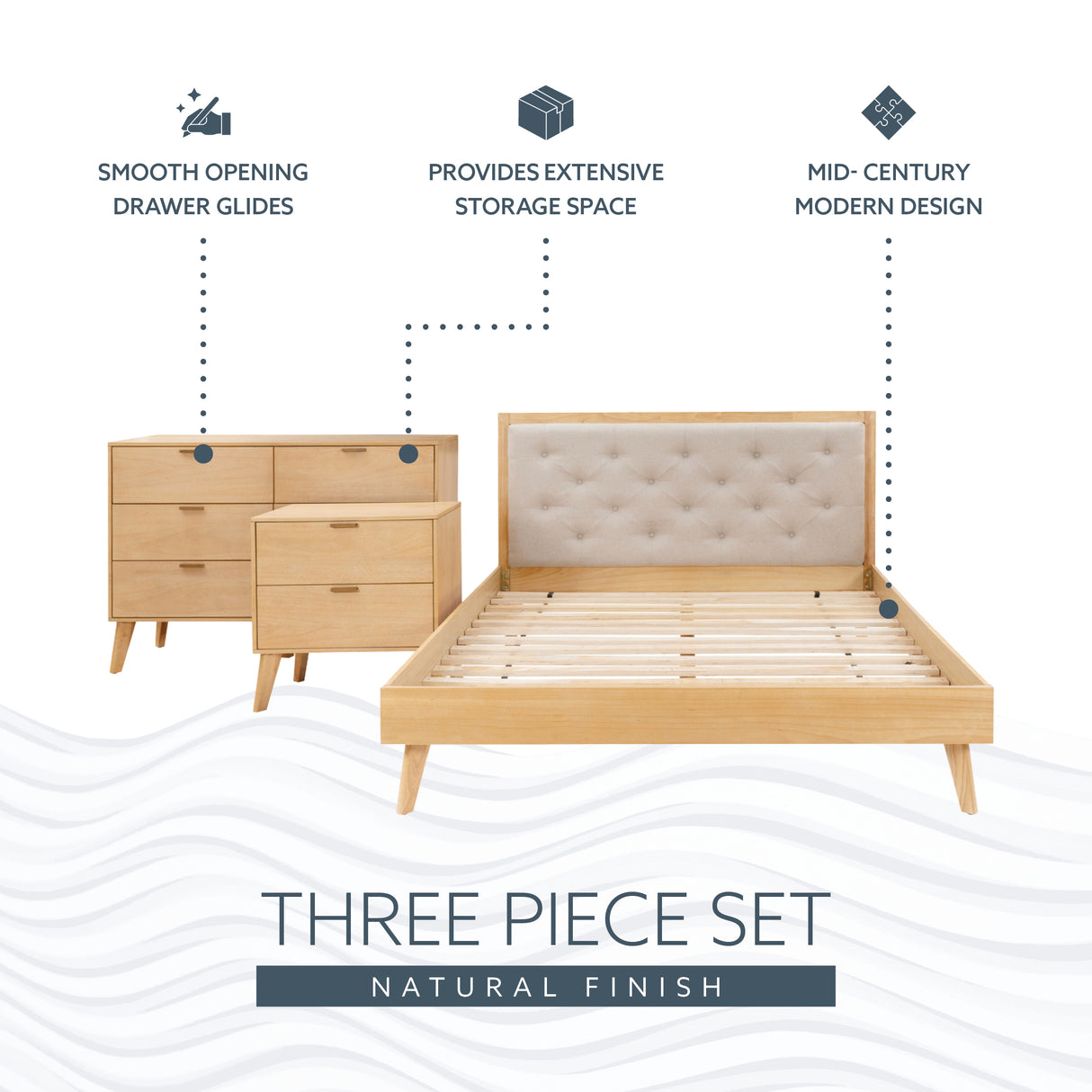 Hudson Mid Century 3PC Bedroom Set Natural Queen