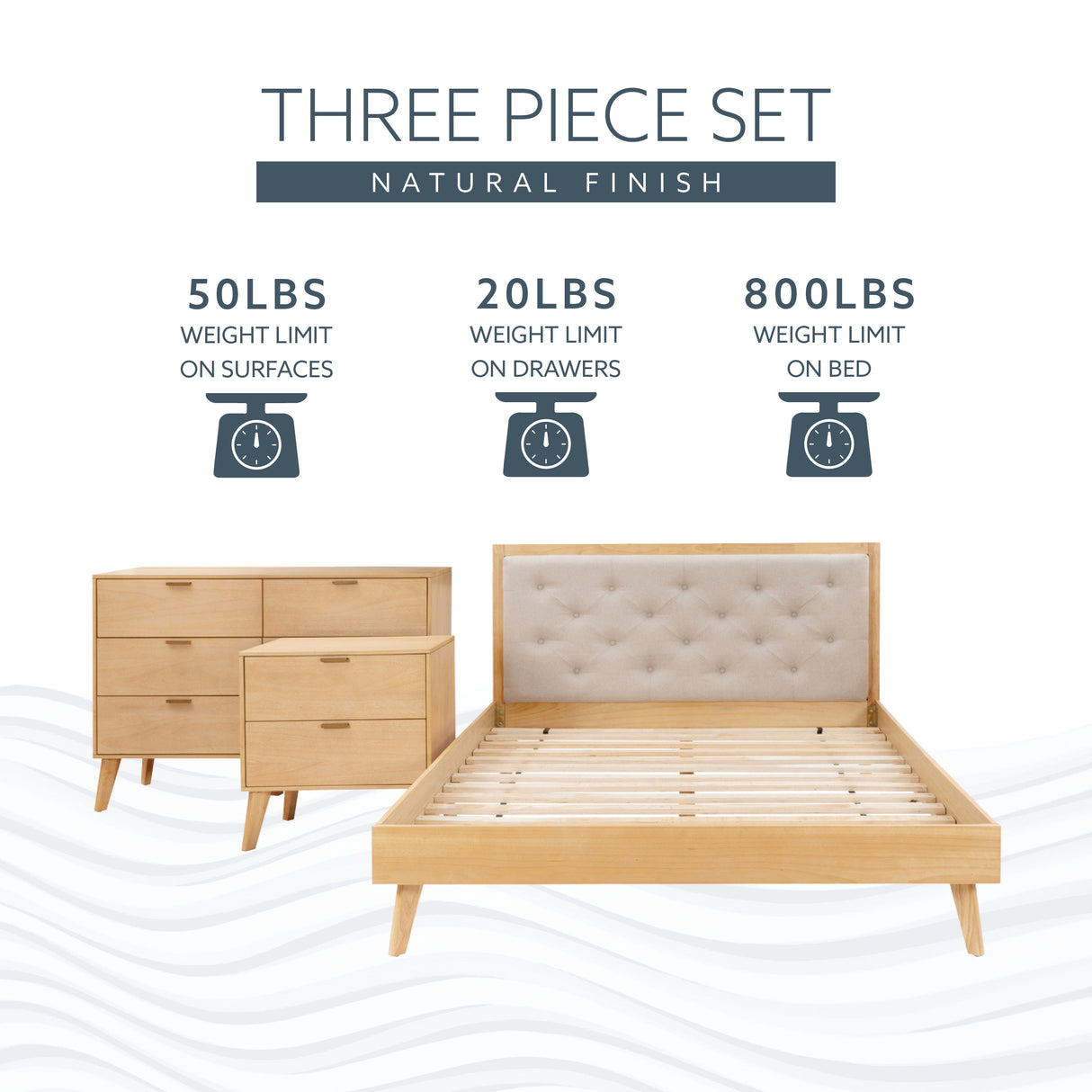 Hudson Mid Century 3PC Bedroom Set Natural Queen