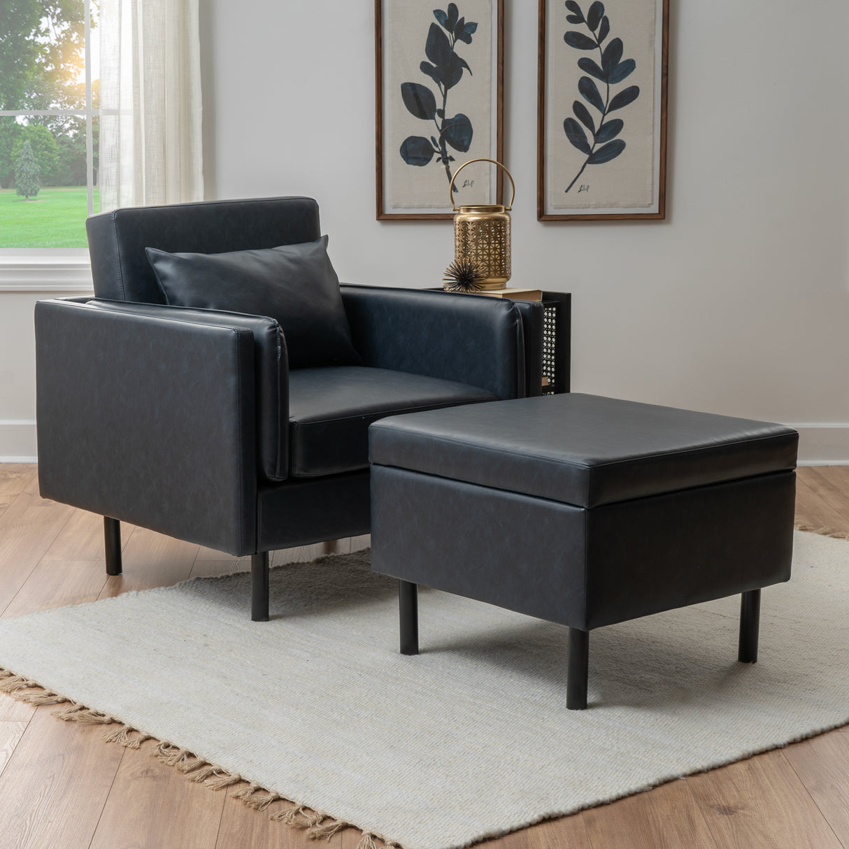 Welby Navy Faux Leather Chair and Ottoman Set