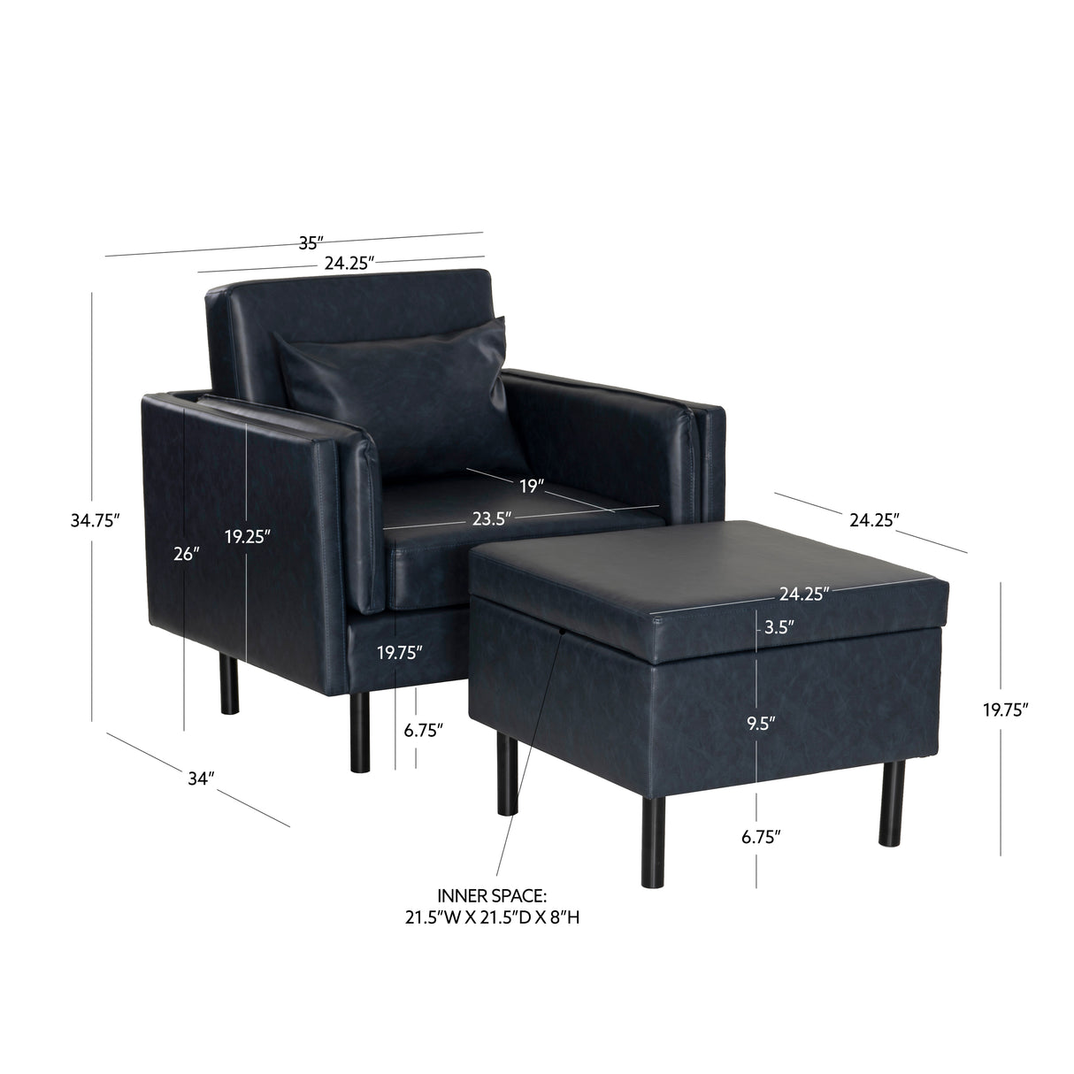 Welby Navy Faux Leather Chair and Ottoman Set