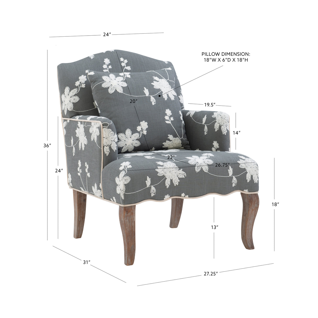 Kenna Gray Embroidered Floral Armchair