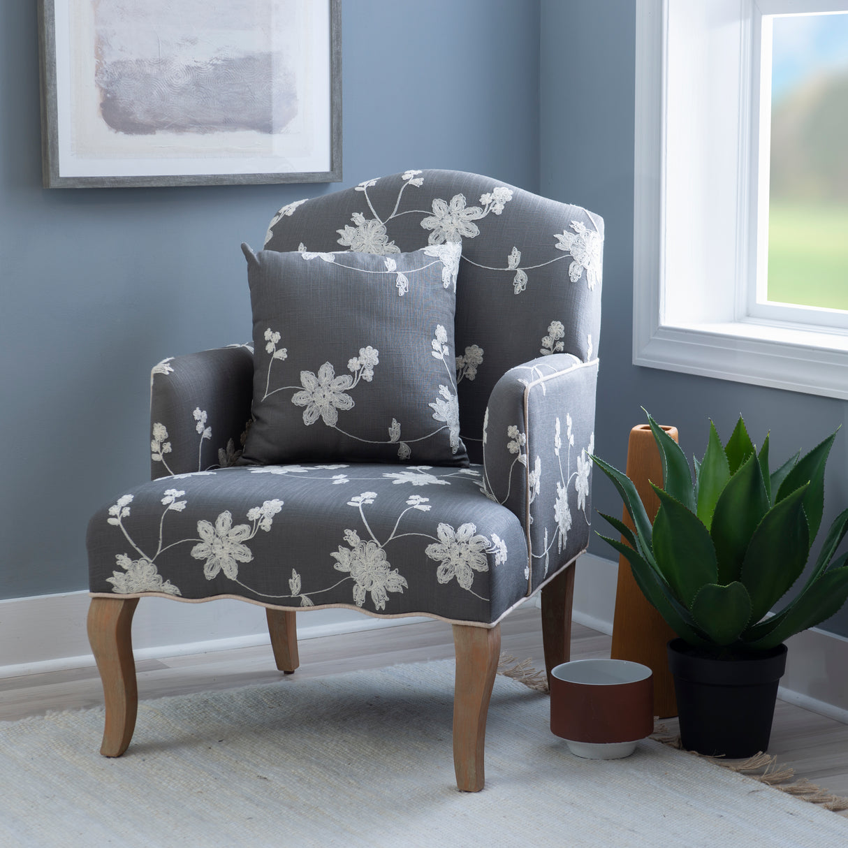 Kenna Gray Embroidered Floral Armchair