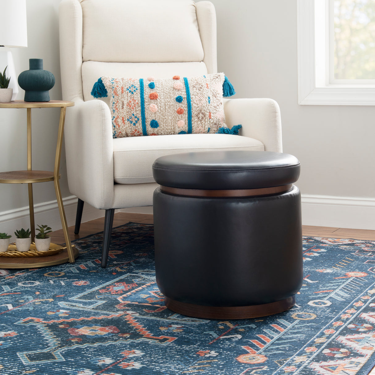 Sunny Black Faux Leather Storage Ottoman