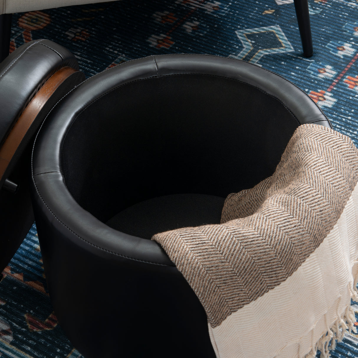 Sunny Black Faux Leather Storage Ottoman