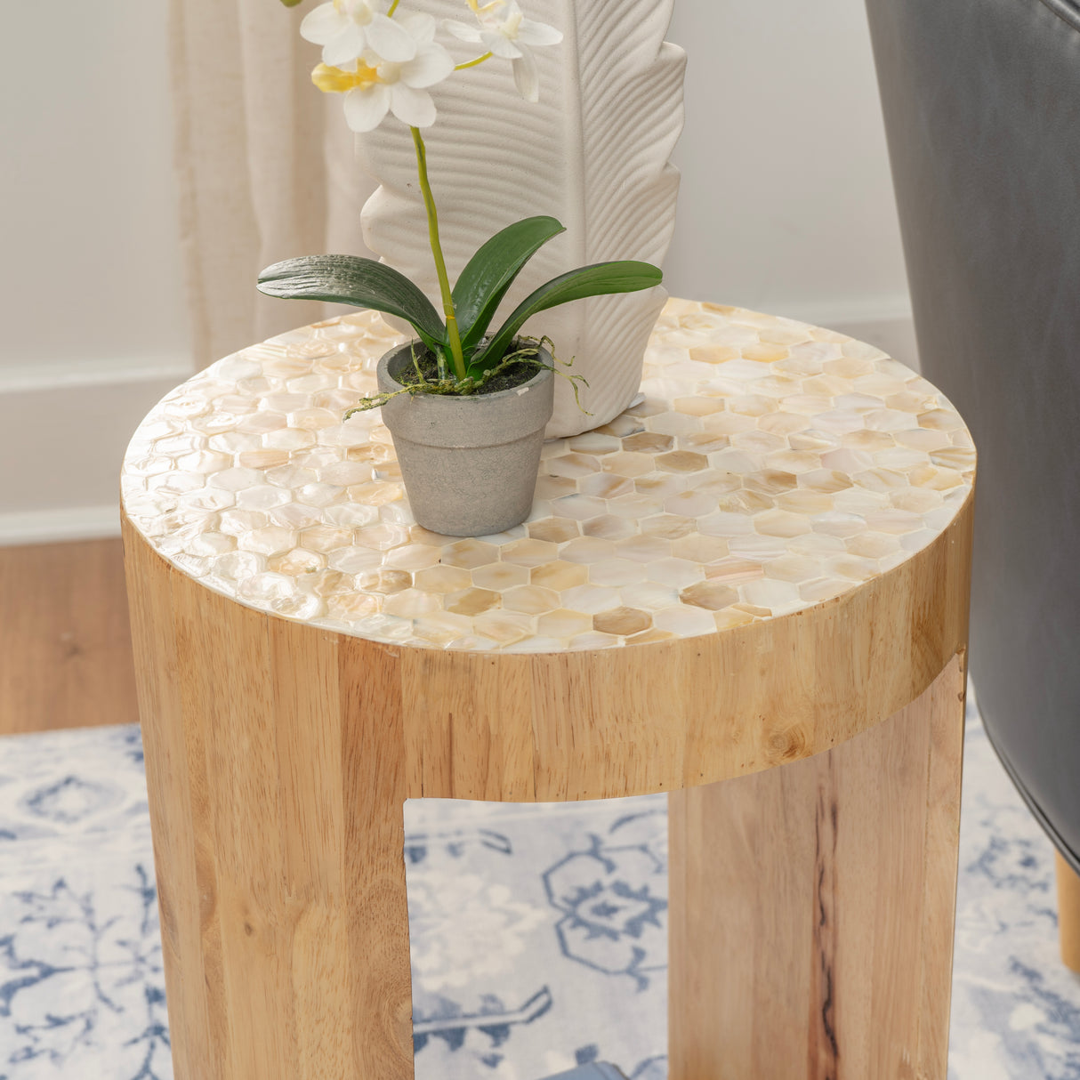 Capiz Beige and Wood Side Table