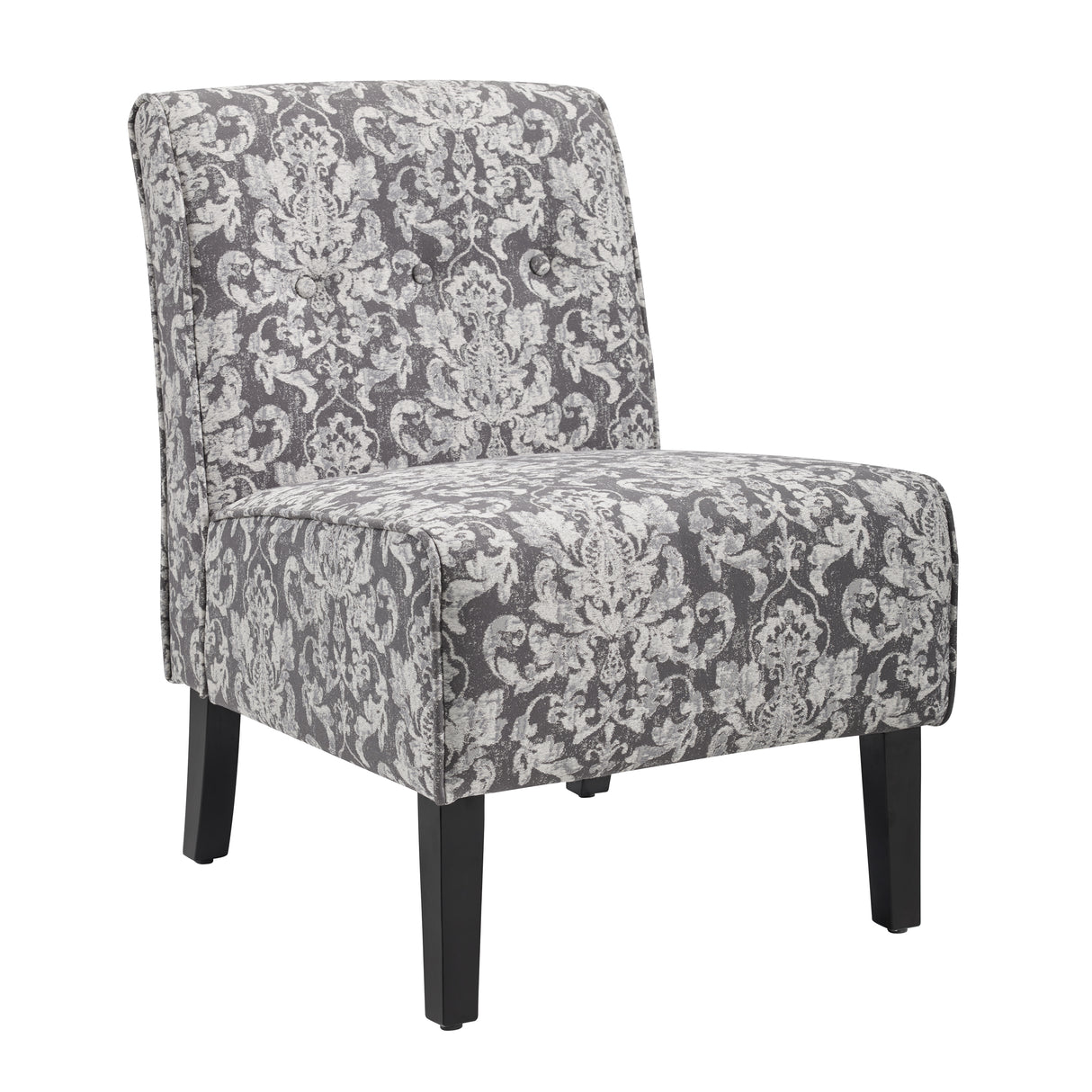 Three quarter front view grey damask pattern upholstered armless chair black wooden legs on white background