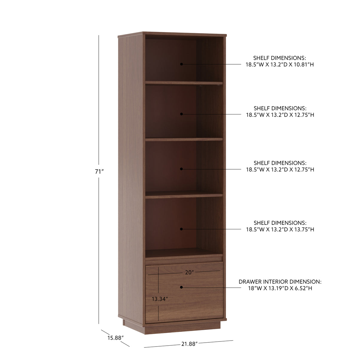 Maxton Mid Century Bookcase 1 Drawer
