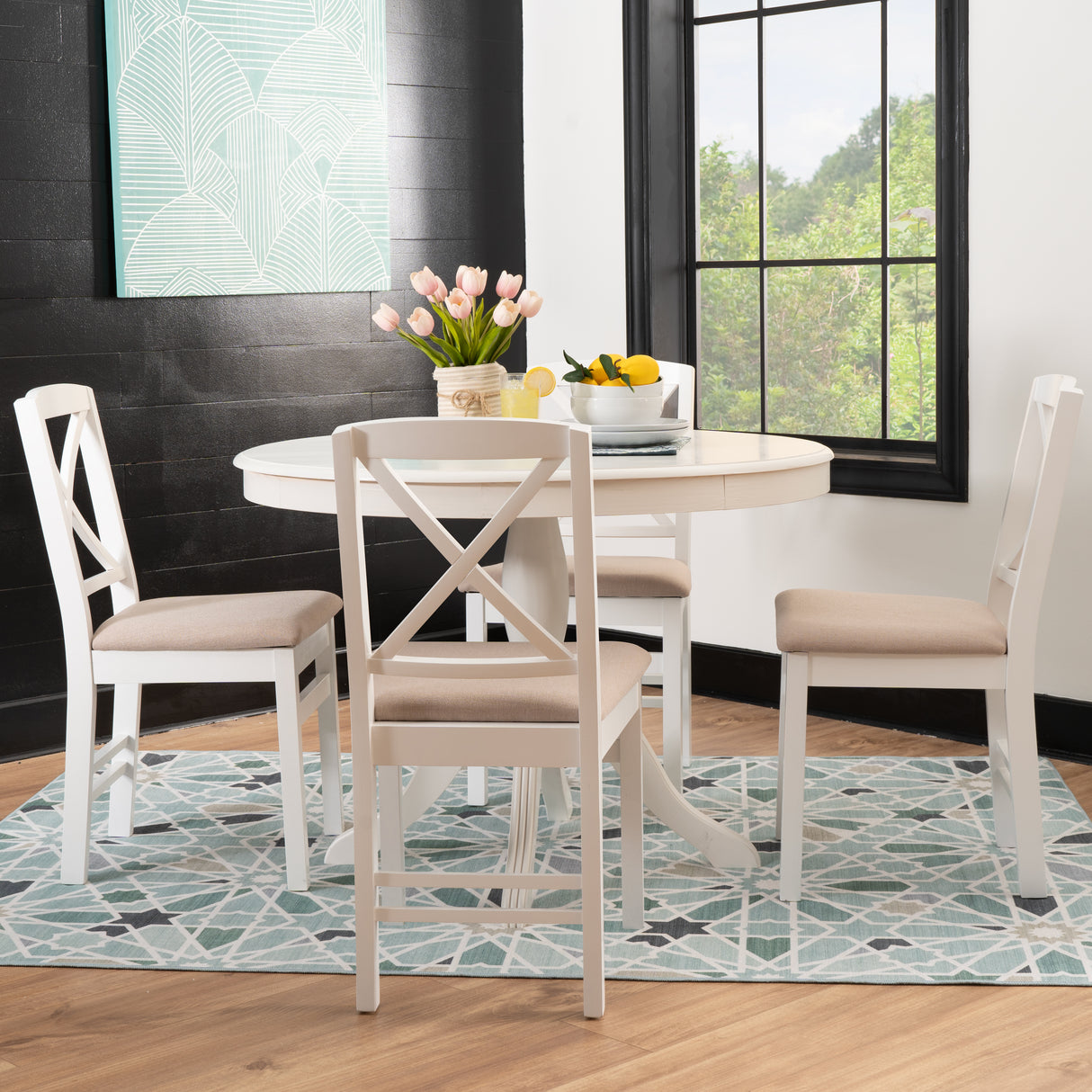 Norah White Pedestal with 4 White Torino Chairs