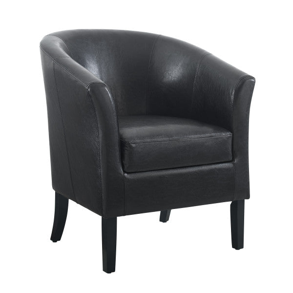 Three quarter front view armchair black faux leather wooden legs white background