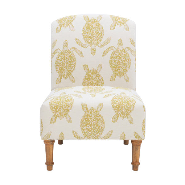 Front view armless accent chair cream fabric turtle pattern mustard yellow turned wooden legs white background