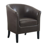 Three quarter front view armchair brown faux leather wooden legs white background
