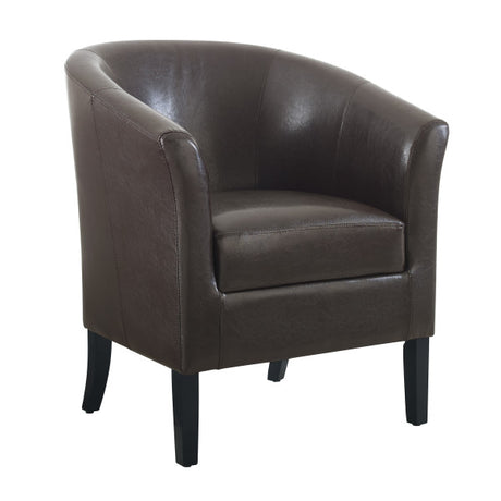 Three quarter front view armchair brown faux leather wooden legs white background