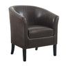 Three quarter front view armchair brown faux leather wooden legs white background