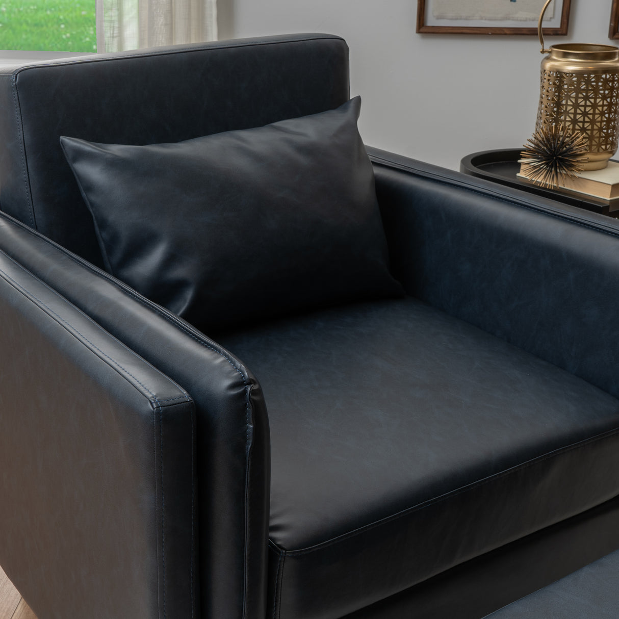 Welby Navy Faux Leather Chair and Ottoman Set