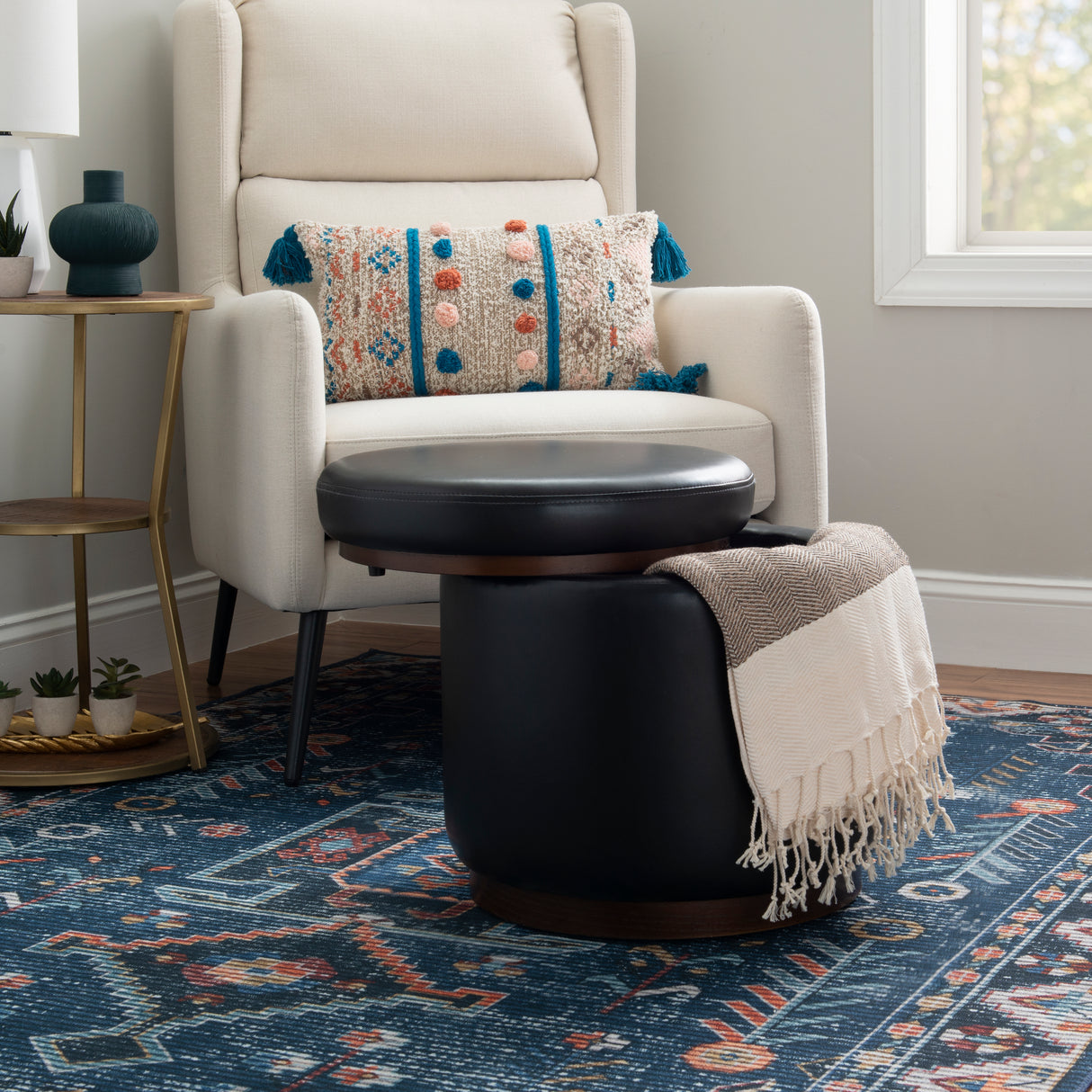 Sunny Black Faux Leather Storage Ottoman