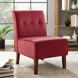 Three quarter front view grey damask pattern upholstered armless chair black wooden legs in styled living room