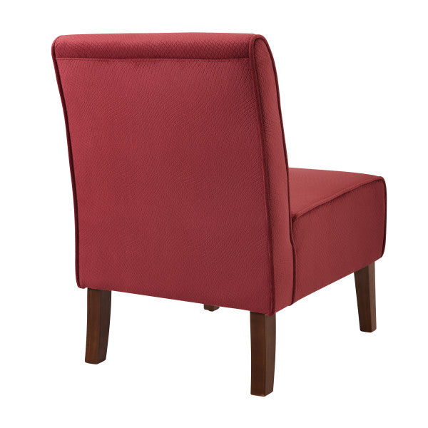 Three quarter back view grey damask pattern upholstered armless chair black wooden legs on white background