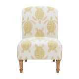 Front view armless accent chair cream fabric turtle pattern mustard yellow turned wooden legs white background